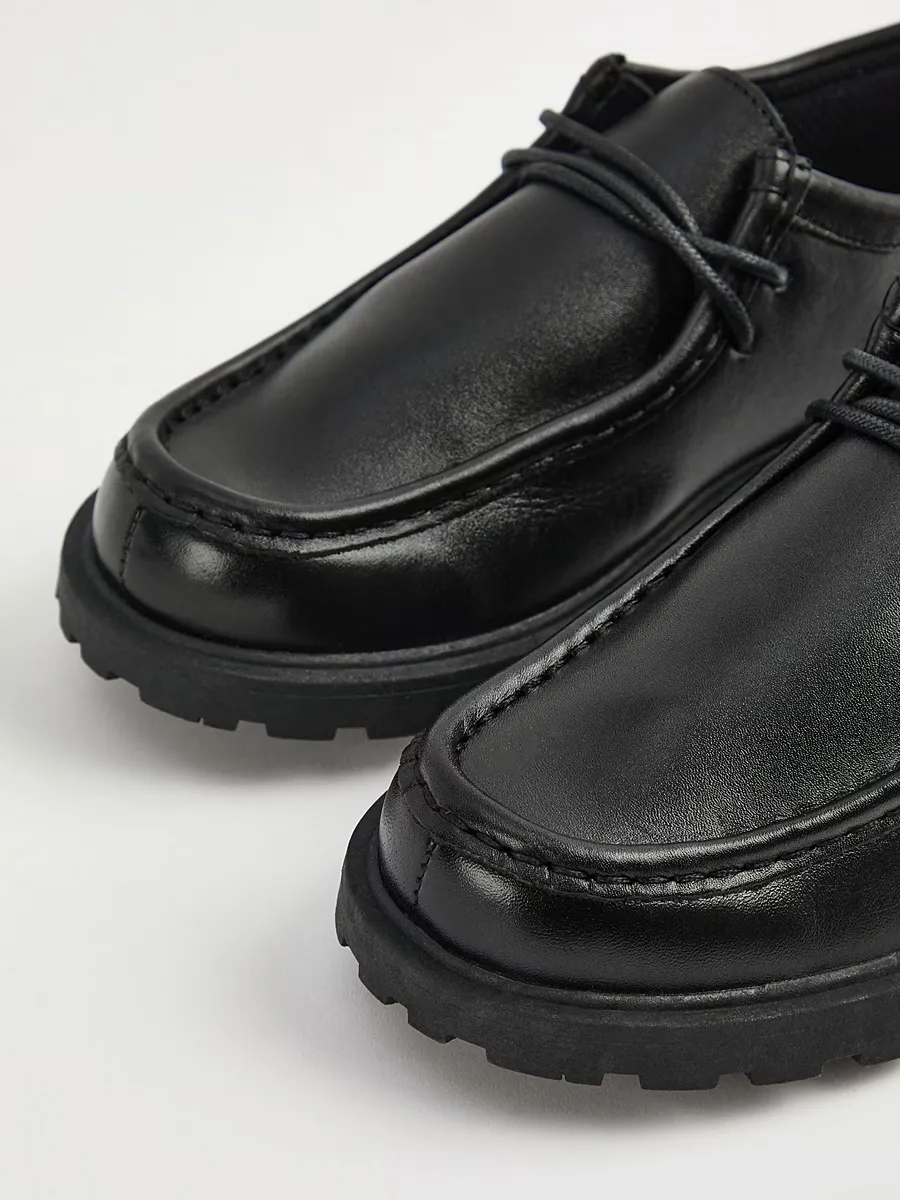 Black Leather Lace Up Moccasin School Shoes