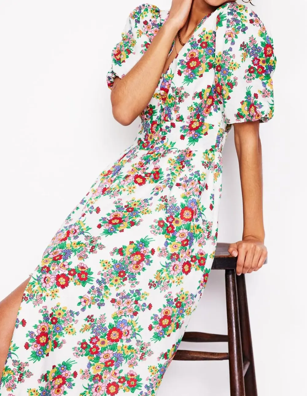 White and Pink Floral Short - Sleeve Wrap Dress