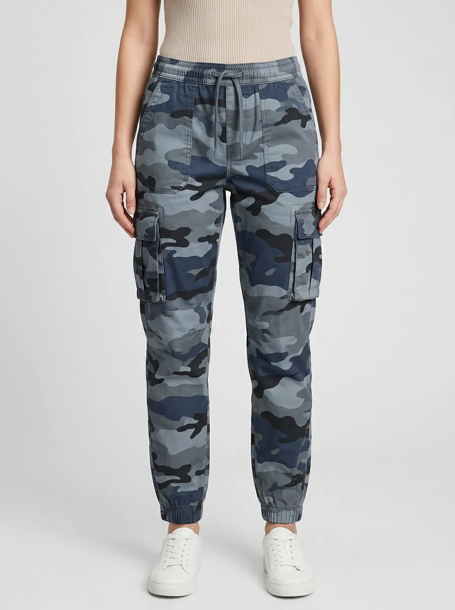 Women's Camouflage Mid-Rise Elastic-Waist Drawstring Flap-Pocket Slant-Pocket Cargo Joggers