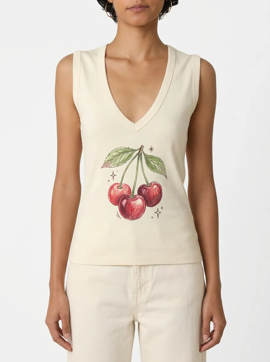 Women's Fruit Lover Cherry Sketch Printed Tank Top