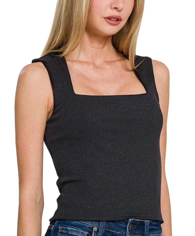 Tailored Square-Neck Ribbed Tank Top