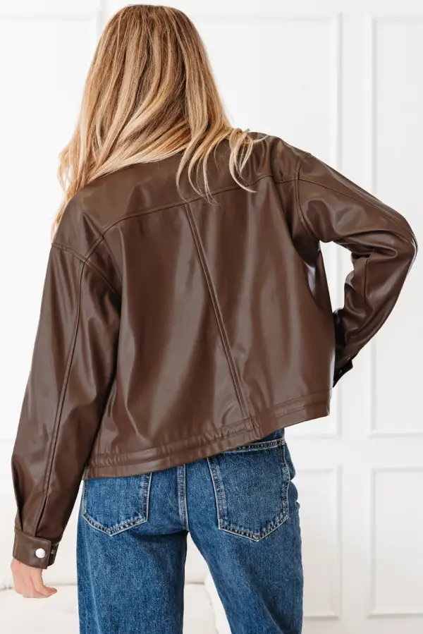 Women's Double Flap Pocket Drawstring Hem Leather Jacket