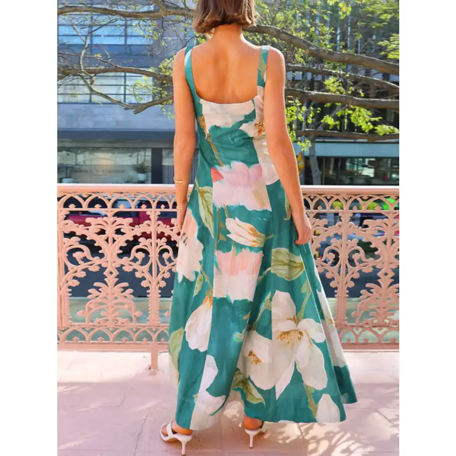 Classic Floral Print Square Neck Maxi Dress