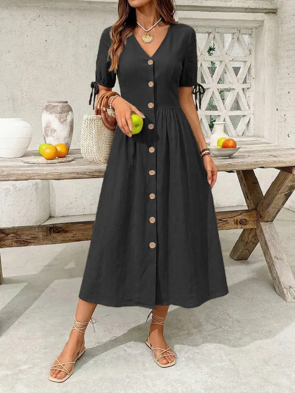 Button Front Short Sleeve Midi Dress