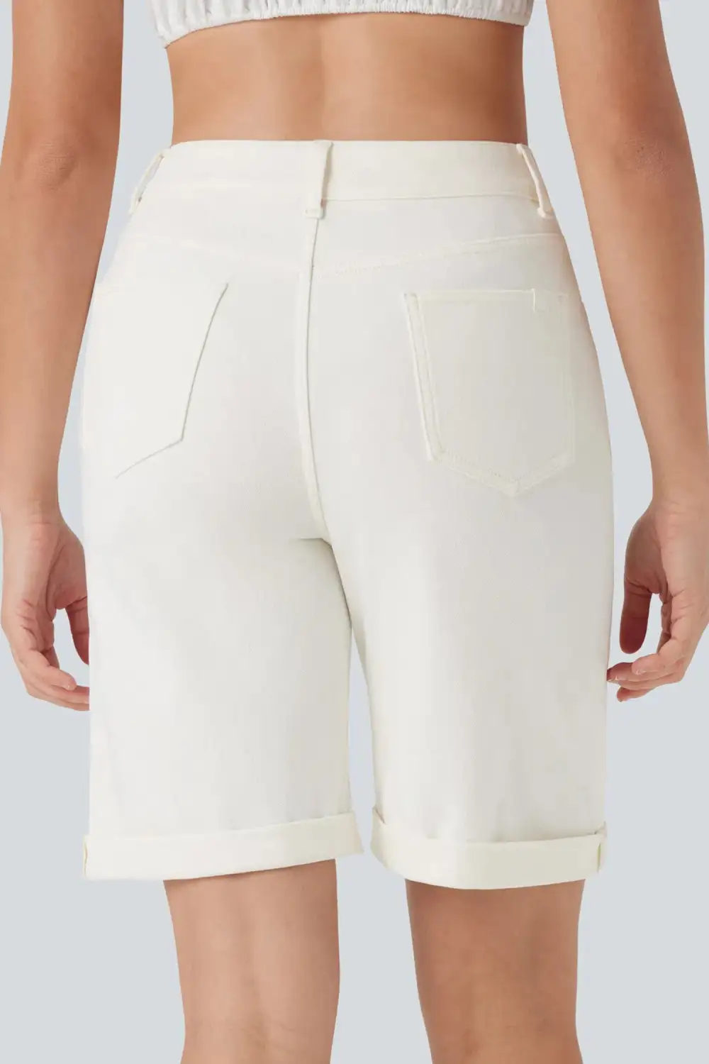 Solid Rolled Cuffs Denim Bermuda Shorts