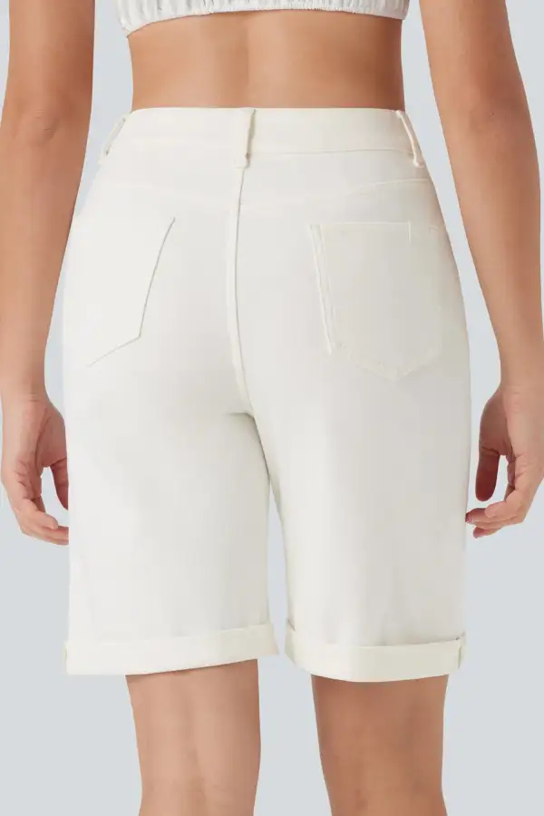 Solid Rolled Cuffs Denim Bermuda Shorts