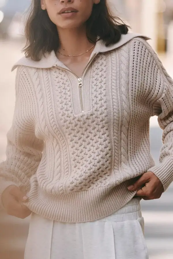 Women's Beige Cable Knit Half Zip Sweater
