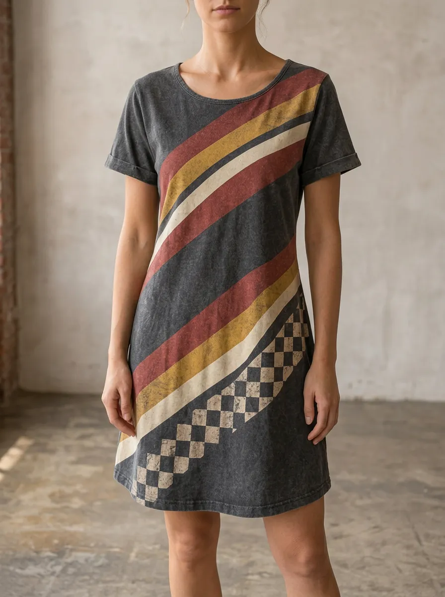 Women's Vintage Retro Stripe Checkerboard Printed Dress
