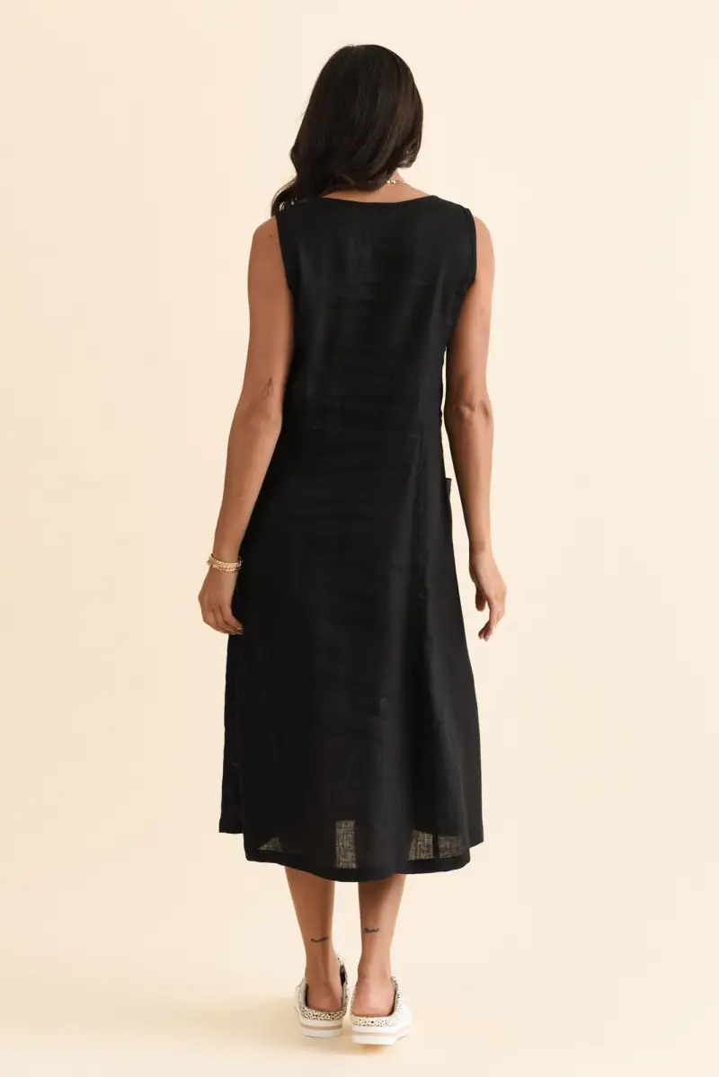Below-Knee Linen Pocket Round-Neck Sleeveless A-Line Relaxed Dress