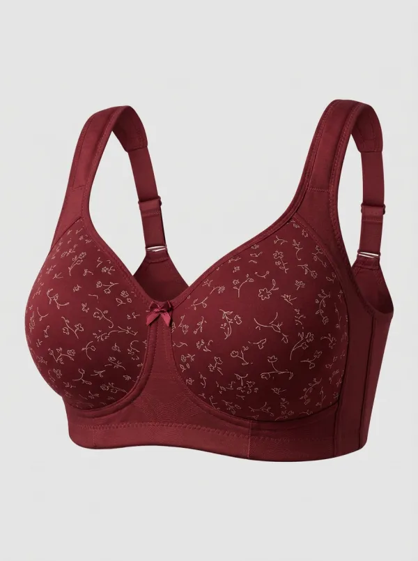 Women's Plus Size Beige Floral Full-Coverage Bow-Detail Wireless Bra