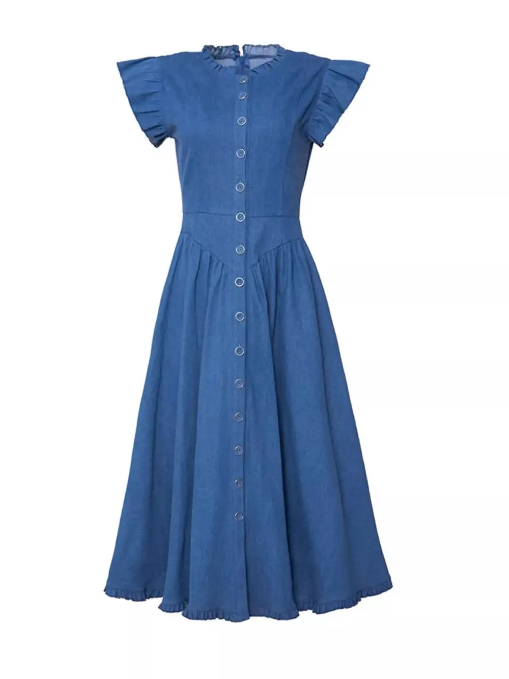 Button Front Cap Sleeve Tiered Belted Dress