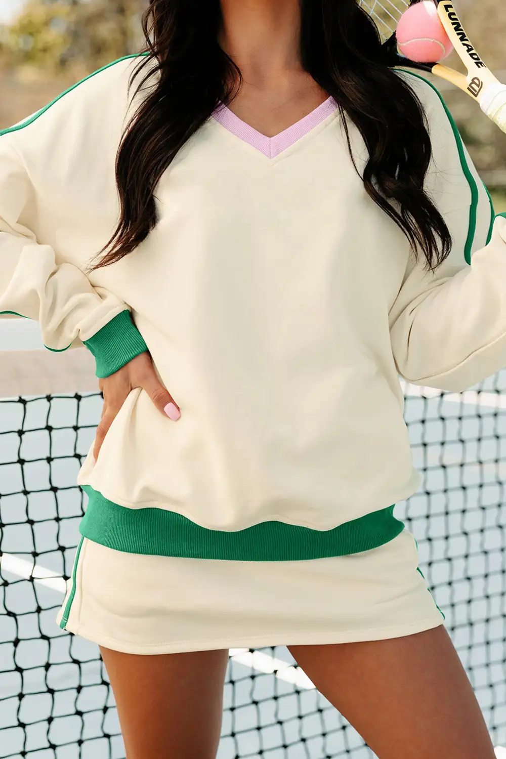 Women's Ribbed Colorblock Trim V Neck Sporty Pullover Mini Skort Two Piece Athleisure Set