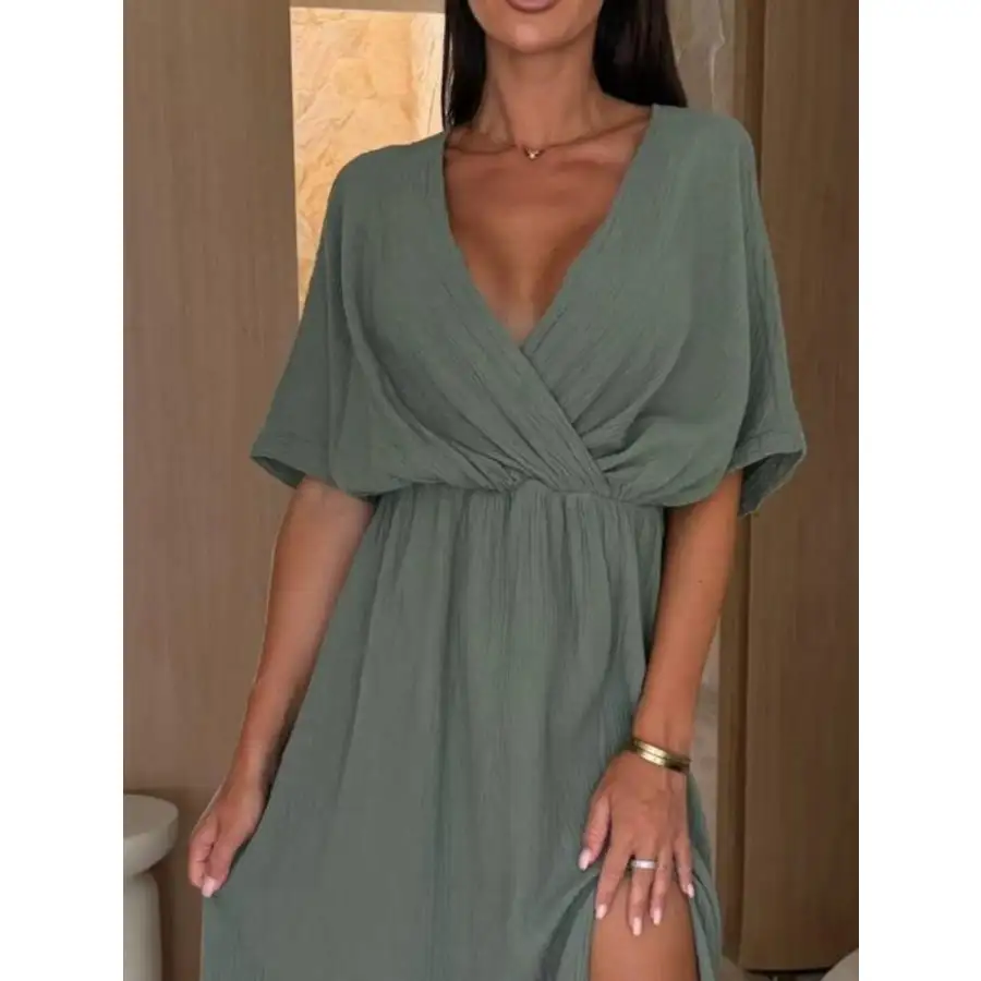 Slit Surplice Half Sleeve Midi Dress