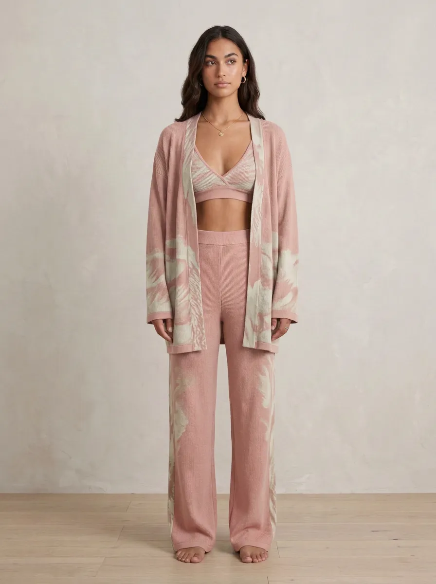 Abstract Wide Leg Cardigan Lounge Set