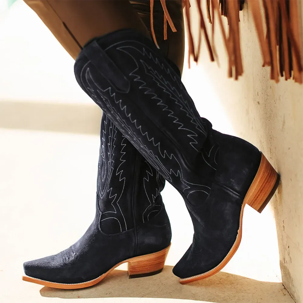 Classic Faux-Suede Embroidered Snip-Toe Chunky-Heel Mid-Calf Boots