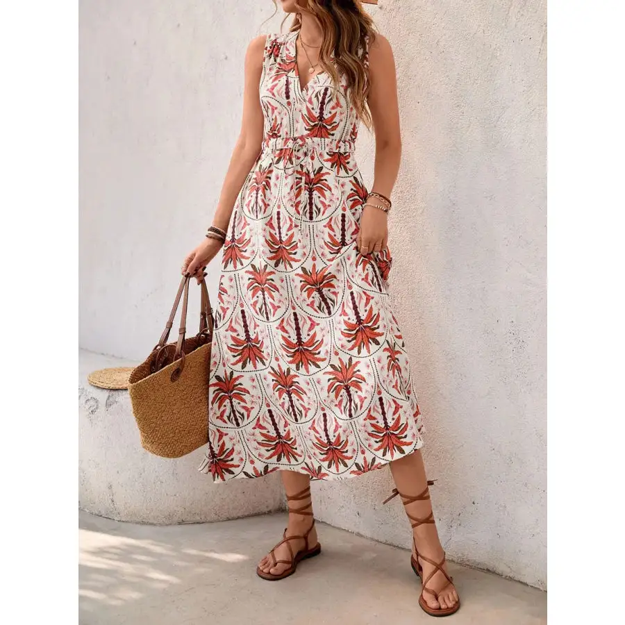 Printed V-neck Sleeveless Midi Dress