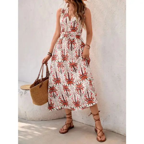 Printed V-neck Sleeveless Midi Dress