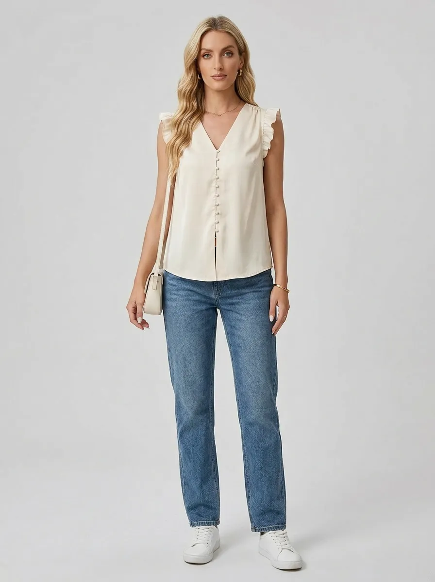 V-Neck Ruffle Sleeve Button Down Blouse
