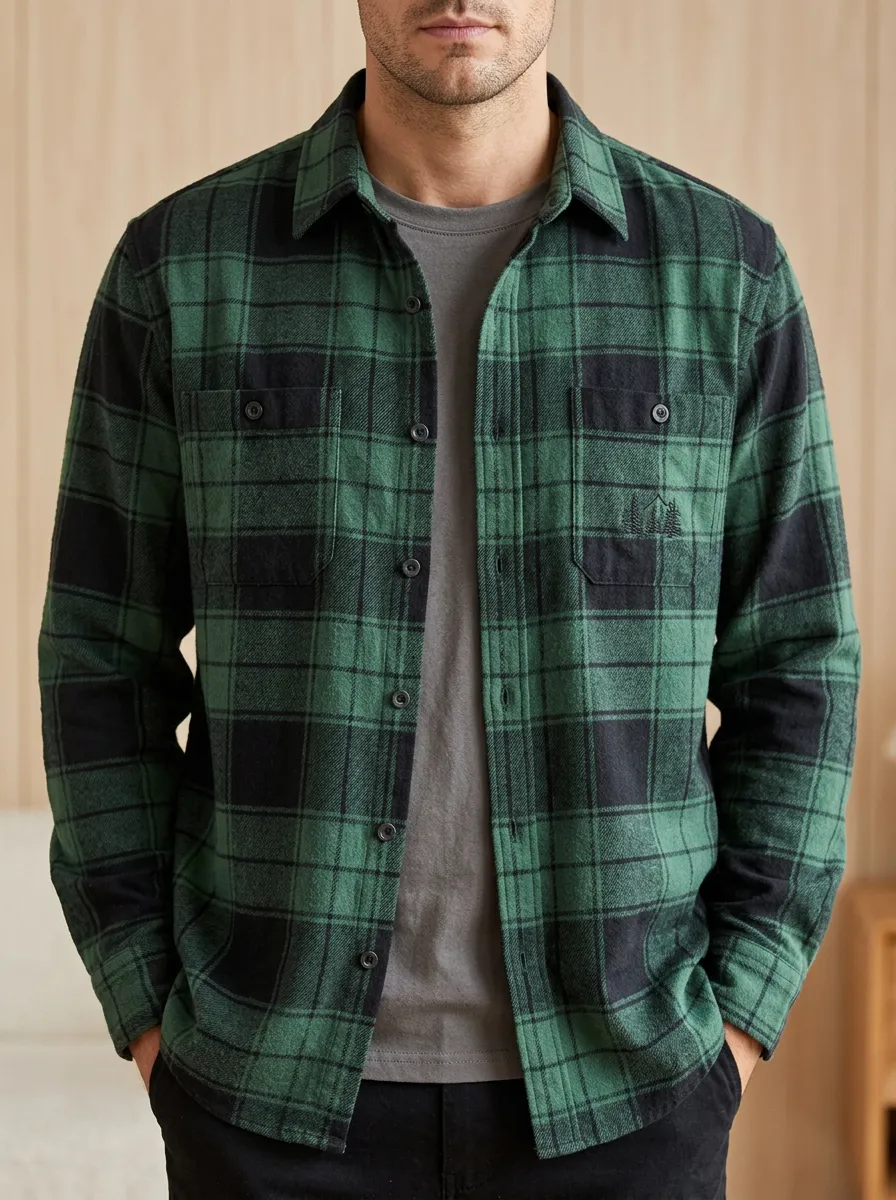 Mountain Forest Plaid Button Front Shirt