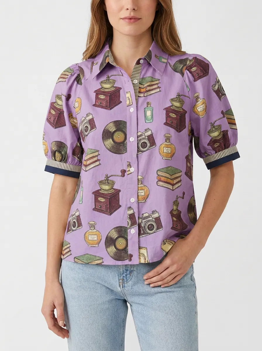 Women's Vintage Hobby Lover Camera Book Coffee Printed Shirt