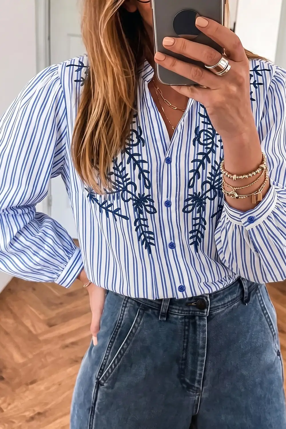 Women's Striped Embroidered Long Sleeve Blouse