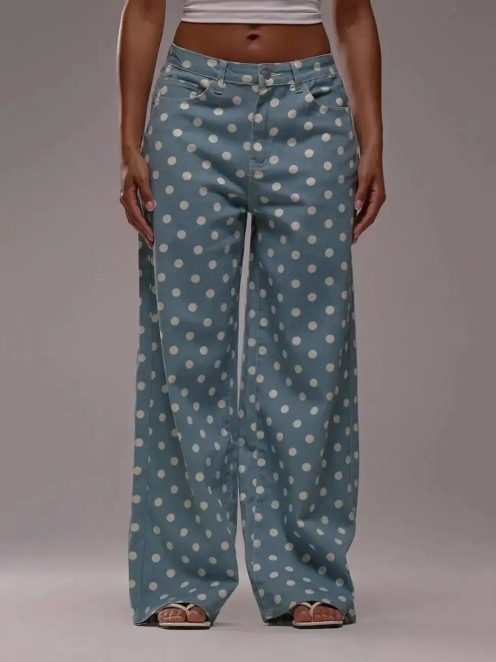 Denim Polka Dot Wide Leg Relaxed Fit Jeans