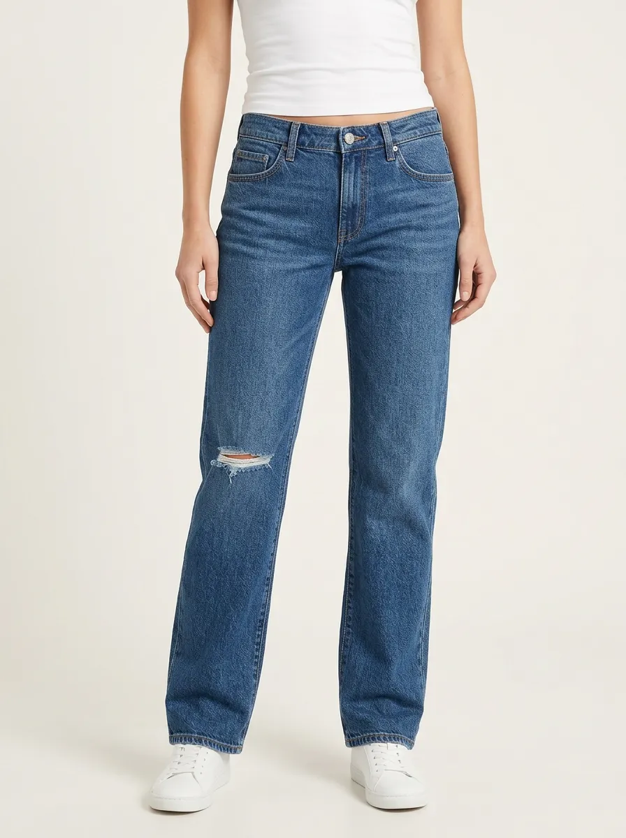 Women's Clean-Hem Right-Knee Distressed Mid-Rise Straight-Leg Jeans