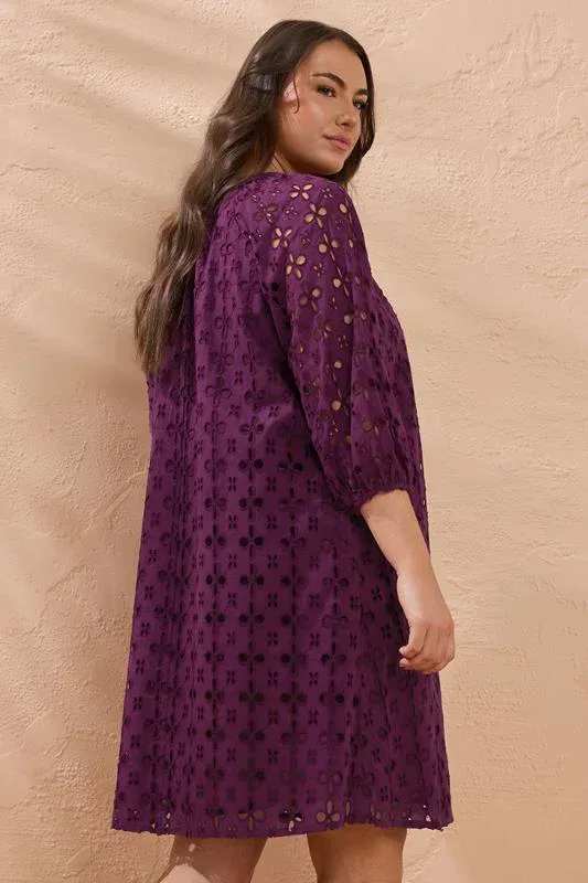 Purple Long Sleeve Broderie Dress