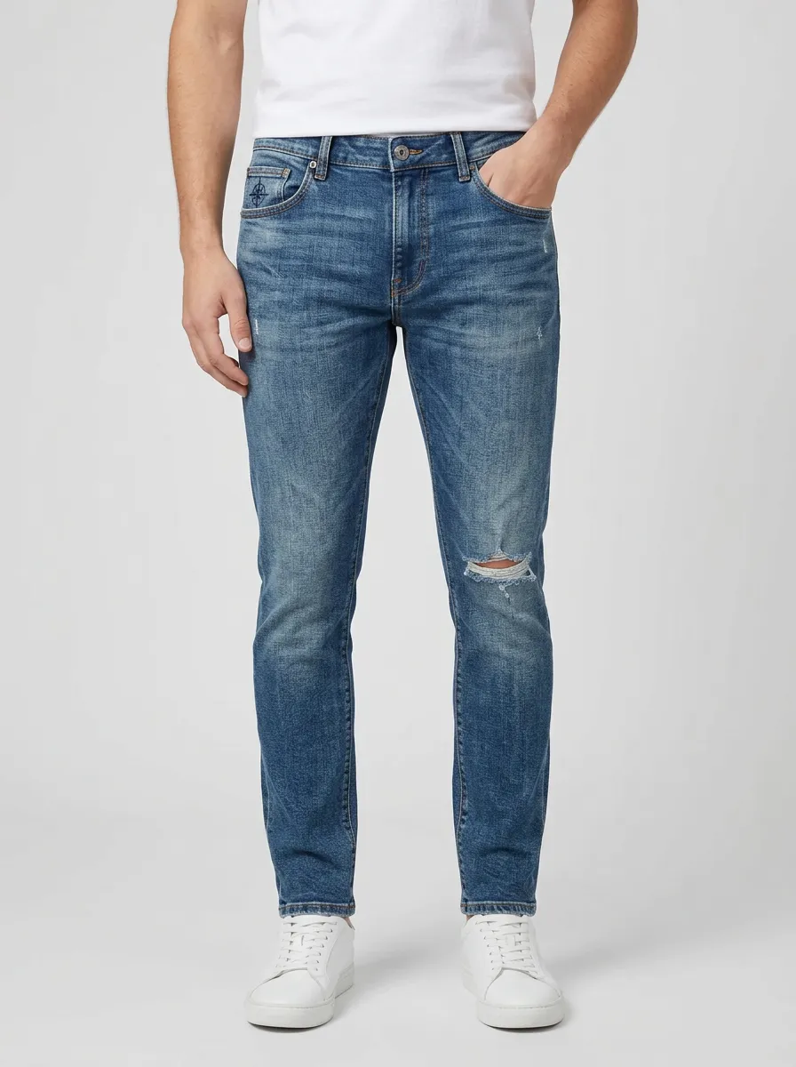 Men's Distressed Compass Emblem Printed Slim-Fit Jeans