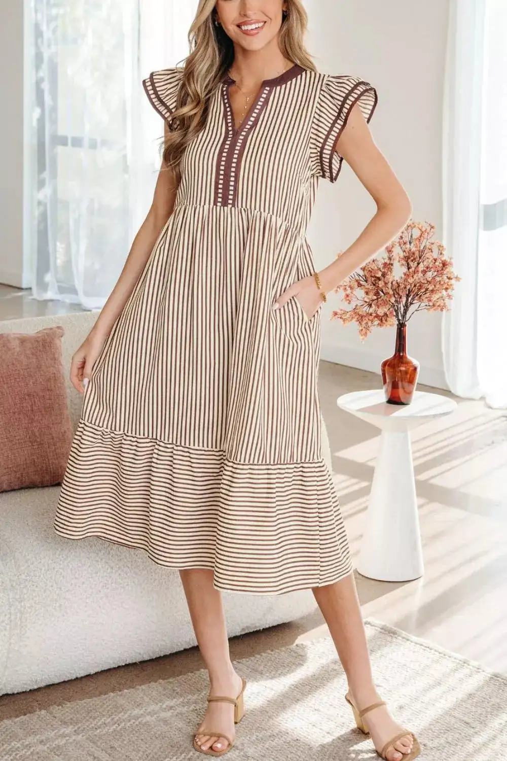 Striped V Neck Tiered Dress Casual