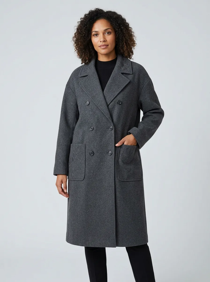 Women's Floral Embroidered Gray Double-Breasted Wool Coat