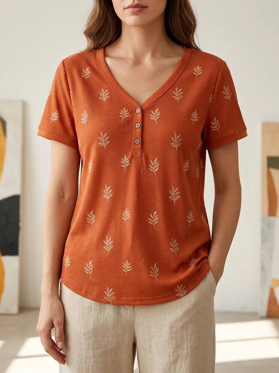 Women's Botanical Nature Lover Leaf Printed V-Neck Button T-Shirt