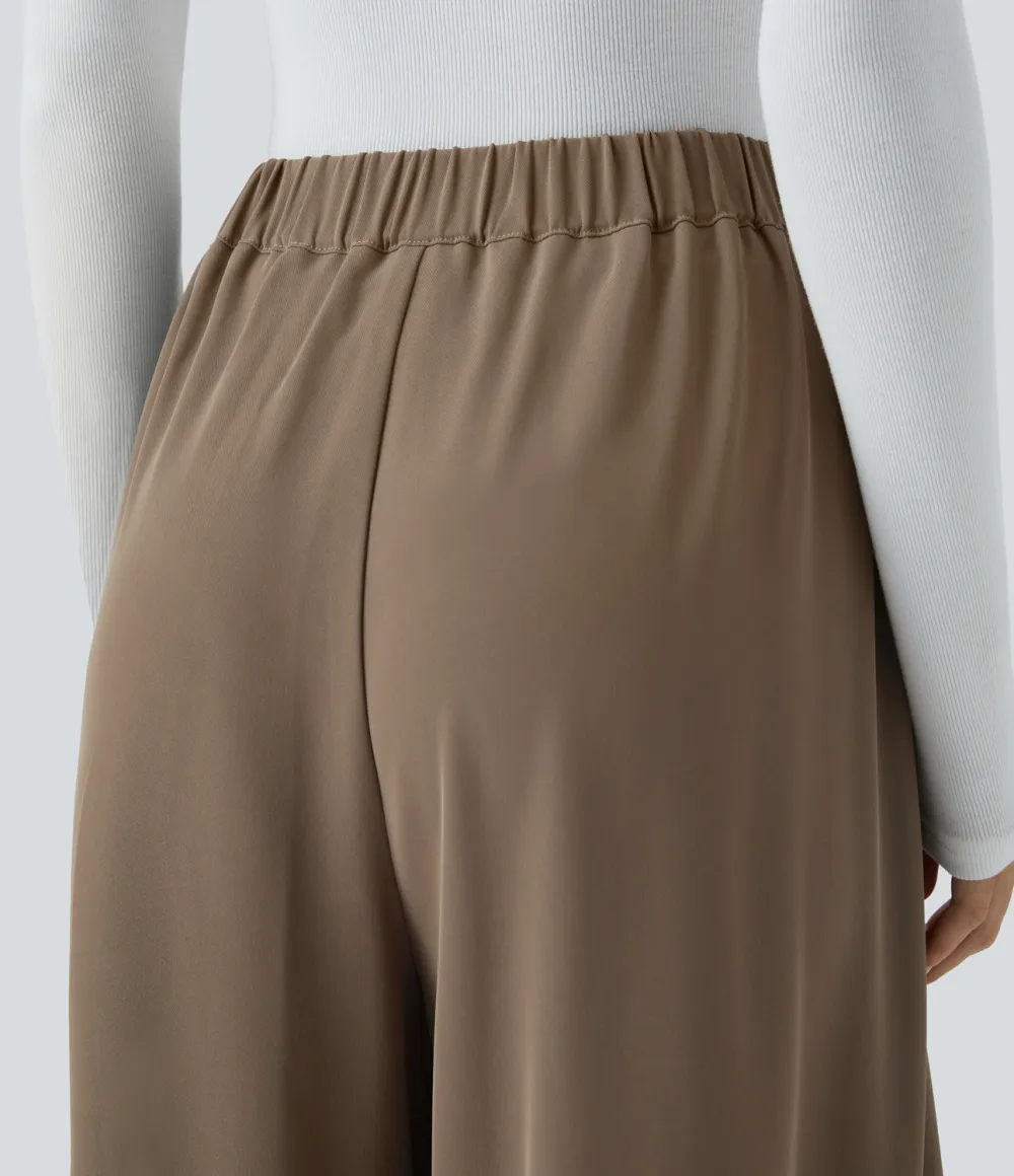 High Waisted Decorative Button Plicated Side Pocket Wide Leg Work Pants