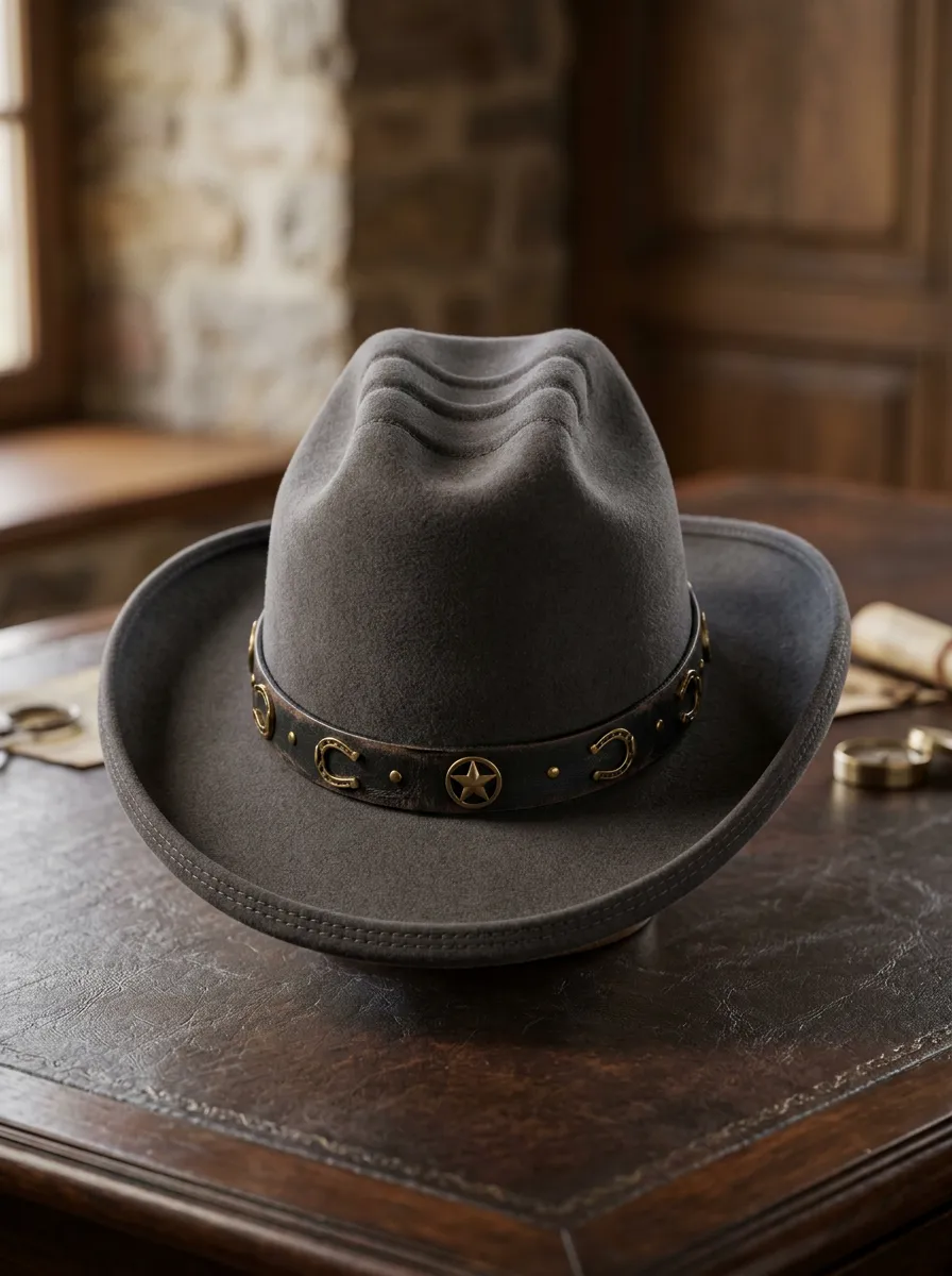 Unisex Felt Cowboy Hat with Star Details and Horseshoe Detail