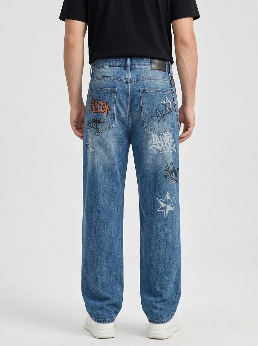 Unisex Streetwear Graffiti Star Loose-Fit Jeans