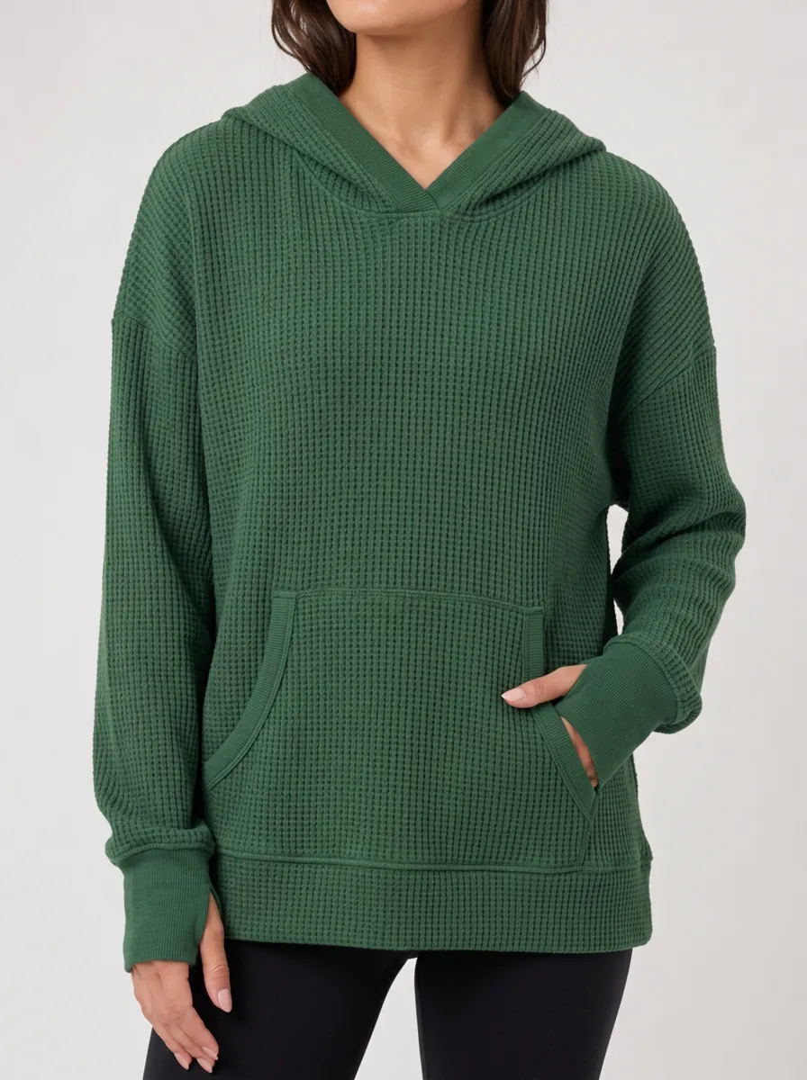Women's Casual Green Waffle Knit Hooded Pullover Top