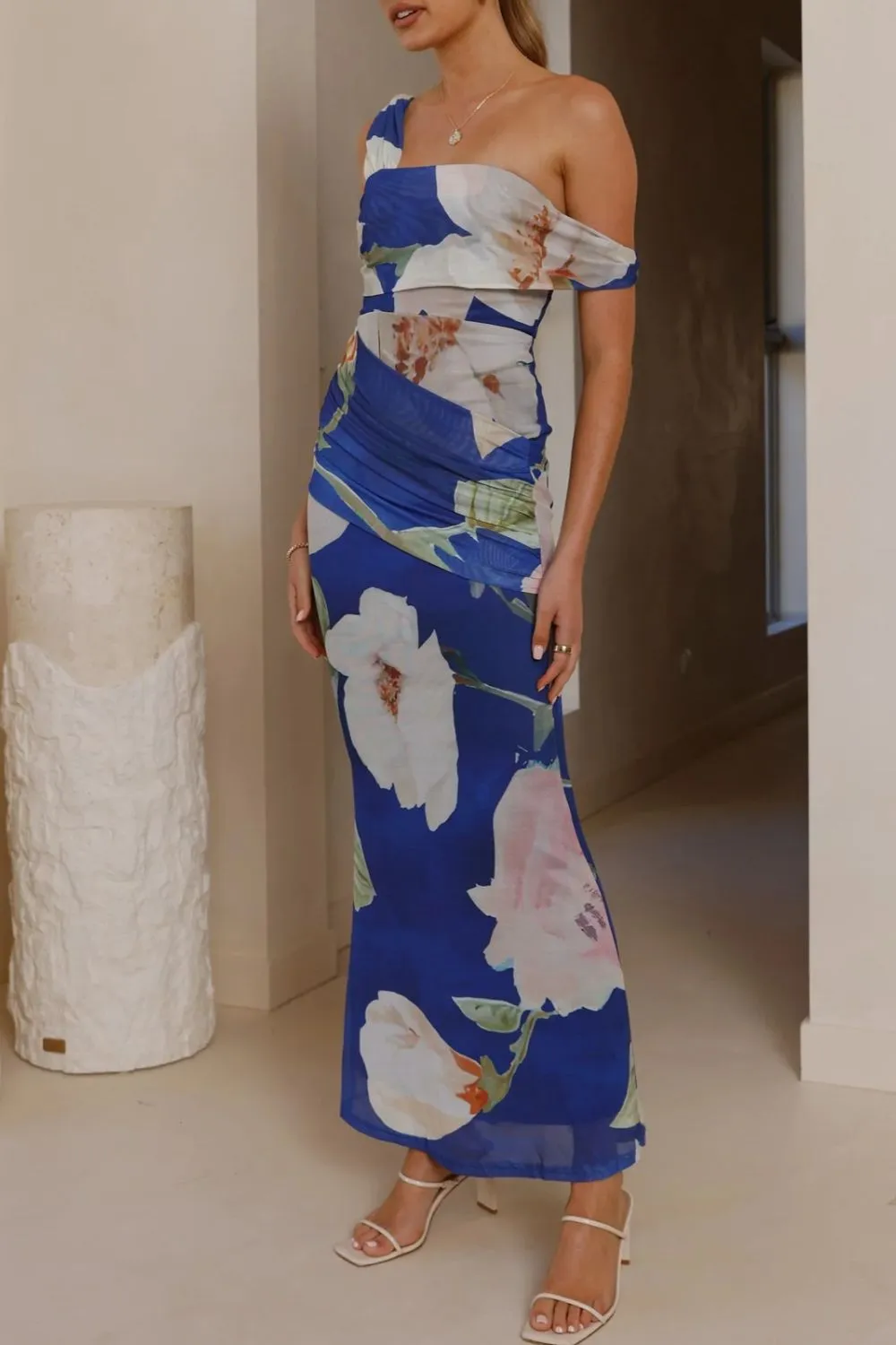 Classic Floral Print One Shoulder Ruched Maxi Dress