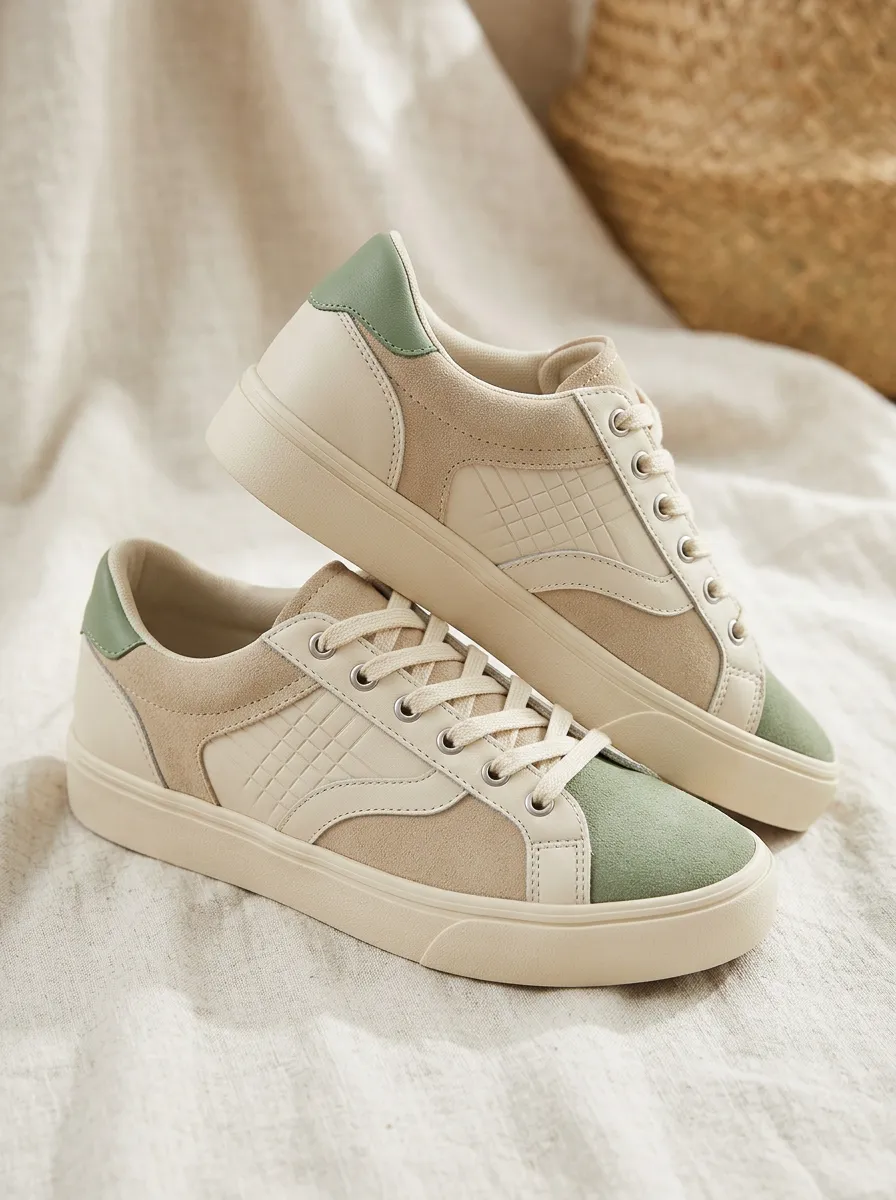Women's Casual Sage Green Beige Suede Patchwork Sneakers