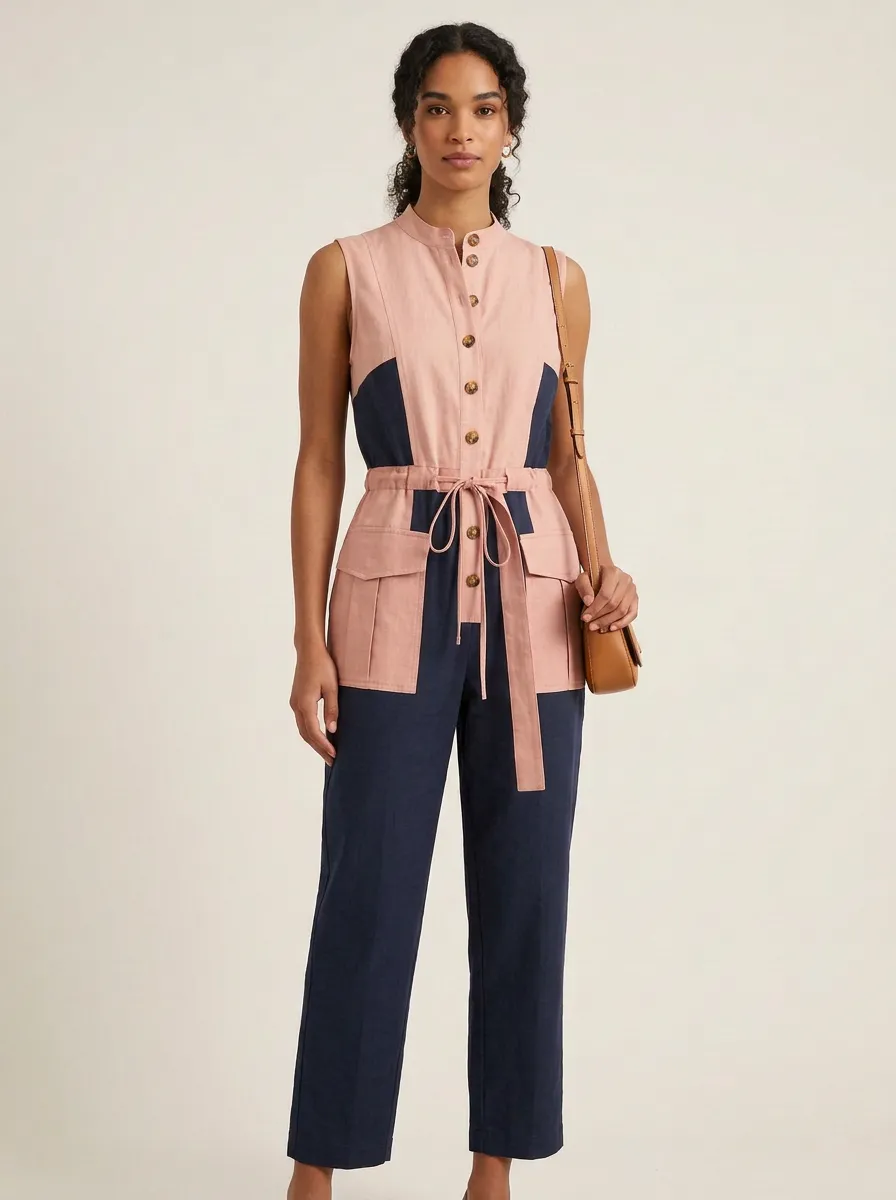 Women's Utility Colorblock Button-Down Drawstring Jumpsuit