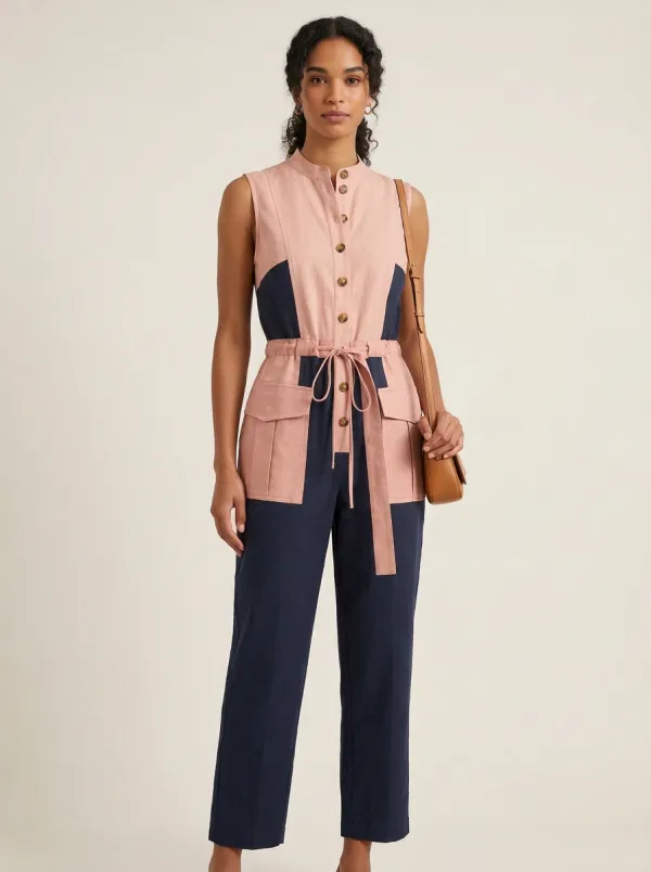 Women's Utility Colorblock Button-Down Drawstring Jumpsuit