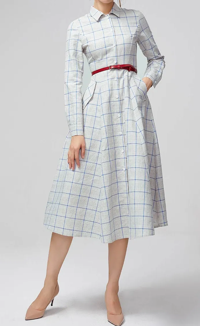 Plaid Linen Swing Shirt Long Sleeve Midi Dress