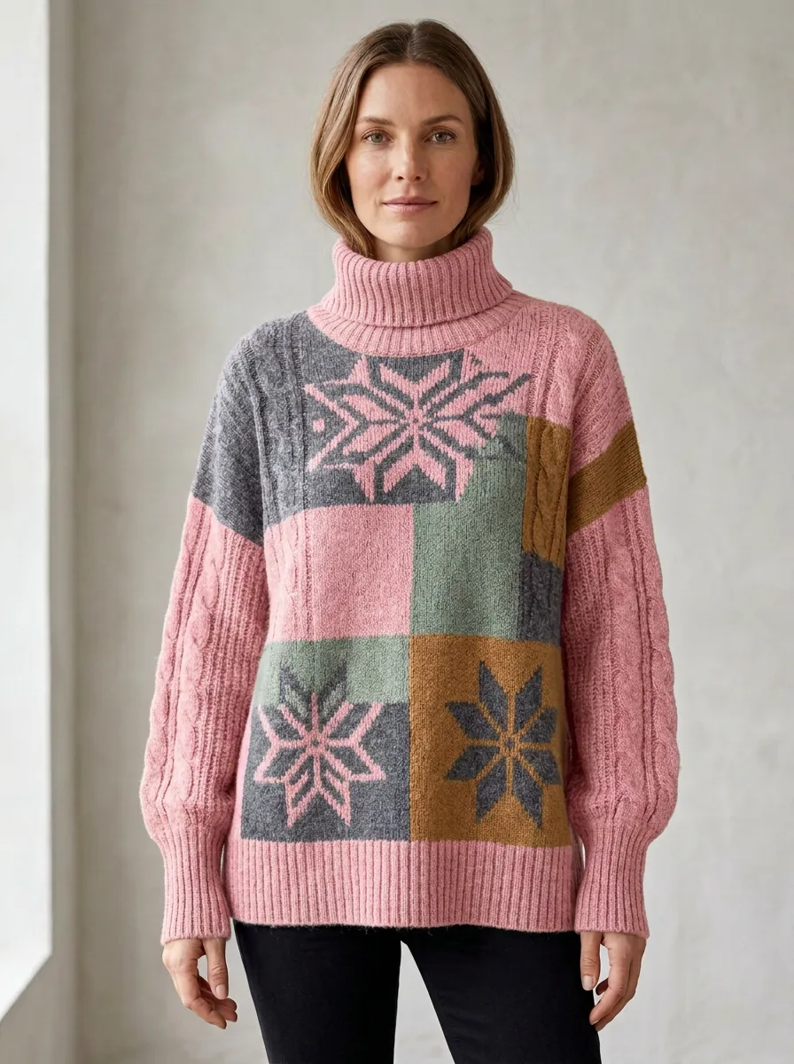 Women's Winter Snowflake Patchwork Printed Turtleneck Sweater