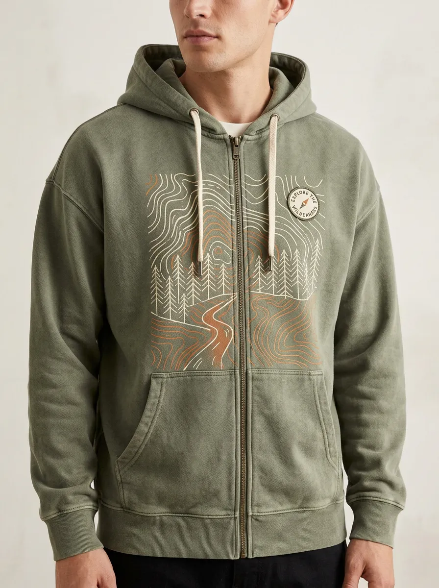 Men's Outdoor Adventure Forest Topographic Printed Zip-up Hoodie