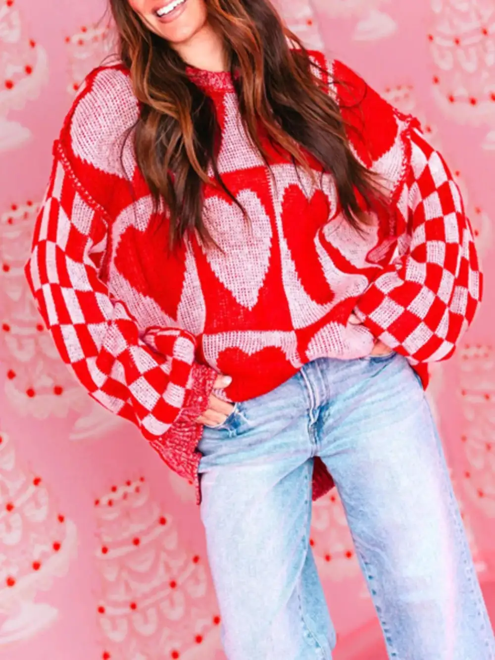 Textured Heart Pattern Checkerboard Knit Sweater