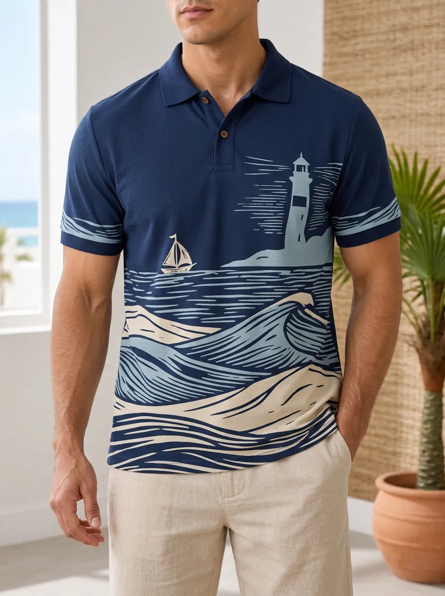 Men's Nautical Ocean Lighthouse Sailboat Printed Polo Shirt