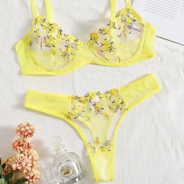Floral Mesh Thong Lingerie Set