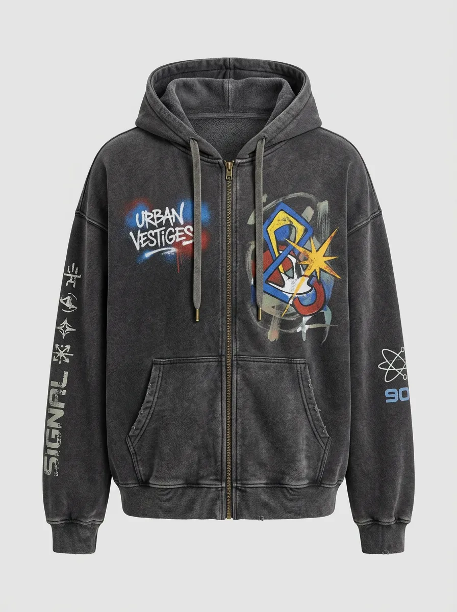 Unisex Streetwear Urban Vestiges Graffiti Printed Zip-up Hoodie