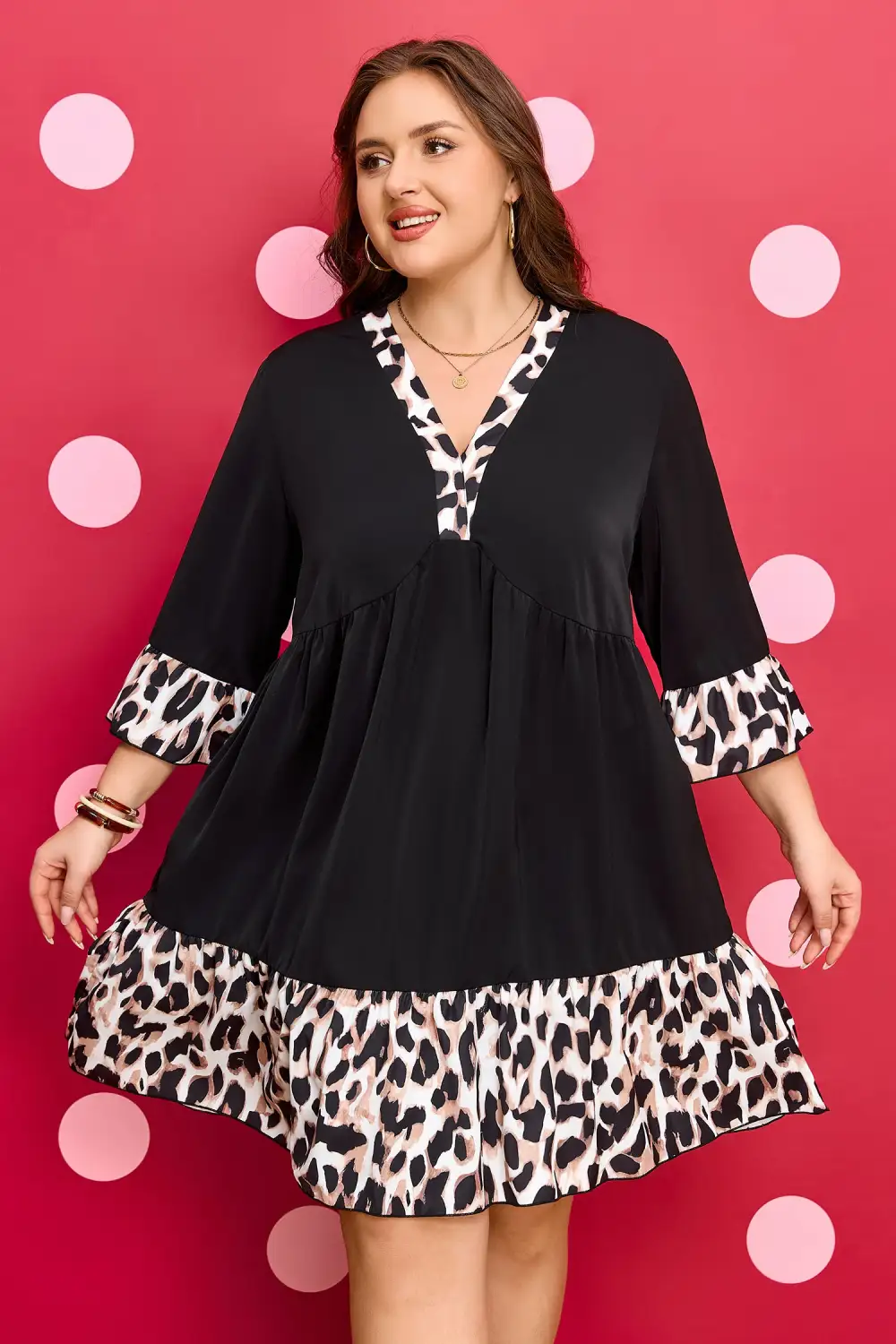 Animal Print Patchwork V Neck Mini Dress