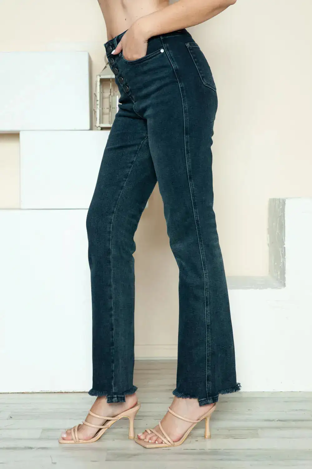 Stretch Distressed Straight-Leg Denim Jeans