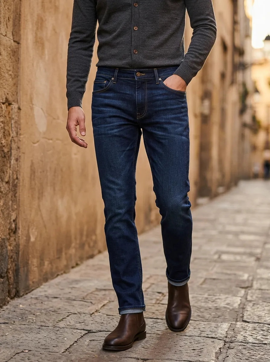 Men's Casual Slim Fit Dark Wash Denim Jeans